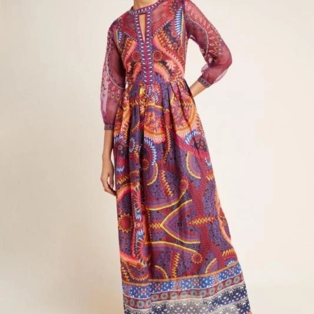 Nwt Anthropologie Maren Embroidered Maxi Dress Size 4 Petite Sunset Motif Purple